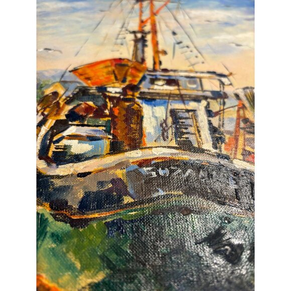 Mid Century Modern Abstract Ship Scene Oil on Board, Unframed - Picture 3 of 9